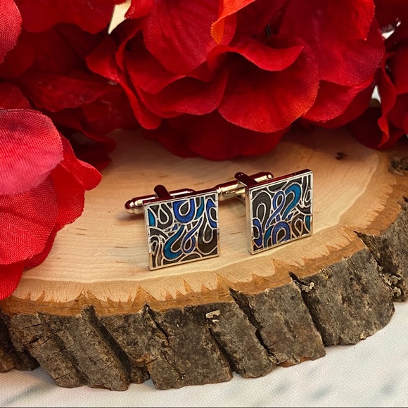 Black Blue and Silver Abstract Swirls Cufflinks - Picture 7 of 13